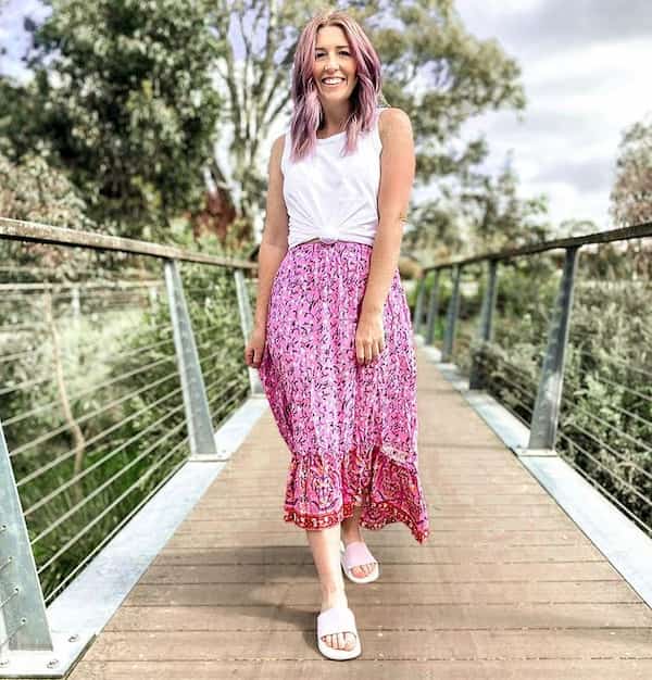 Pink Floral Midi Skirt with White Sleeveless Shirt + Slippers