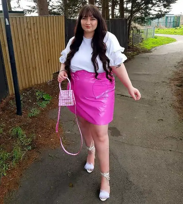 Pink Heart Patch Pocket Leather Skirt with White Blouse + White Heels + Pink Handbag