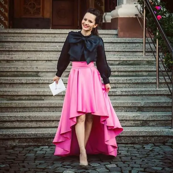 Pink High Low Skirt with Black Long Sleeve Blouse + Boots