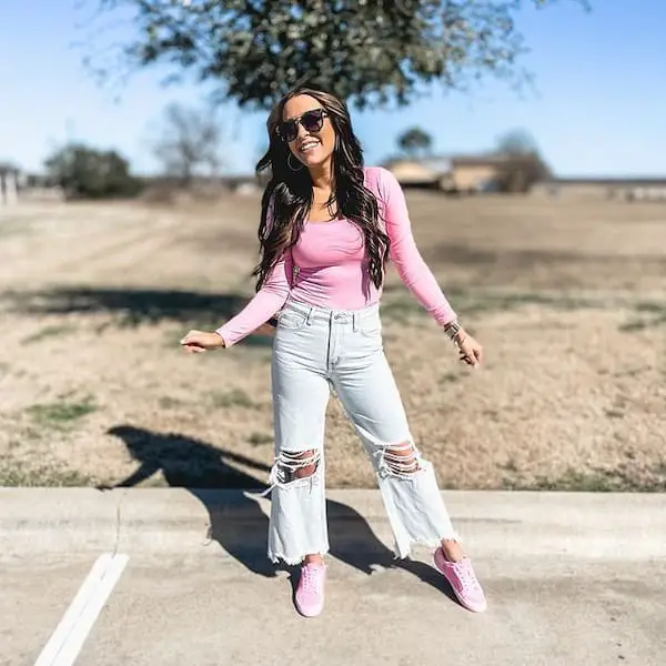 Pink Long Sleeve Shirt with Ripped Jeans Pants + Sneakers + Sunglasses