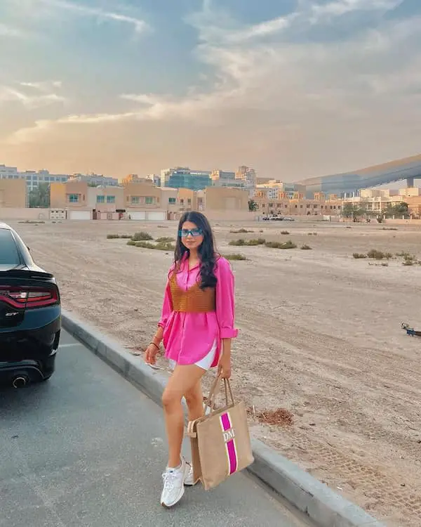 Pink Long Sleeve Shirt with White Shorts + Sneakers + Grocery Bag + Sunglasses