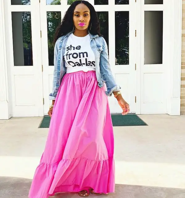 Pink Maxi Skirt with White Graphics T-Shirt + Denim Jacket