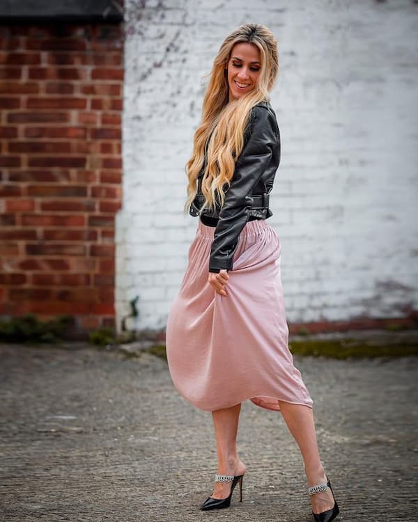 Pink Midi Skirt with  Black Leather Jacket + Black Heels