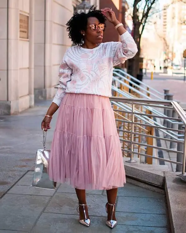 Pink Midi Tulle Skirt with Pink Floral Cardigan + Silver Heels + Silver Handbag + Sunglasses