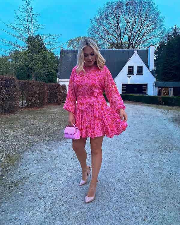Pink Mini Dress with Heels + Handbag
