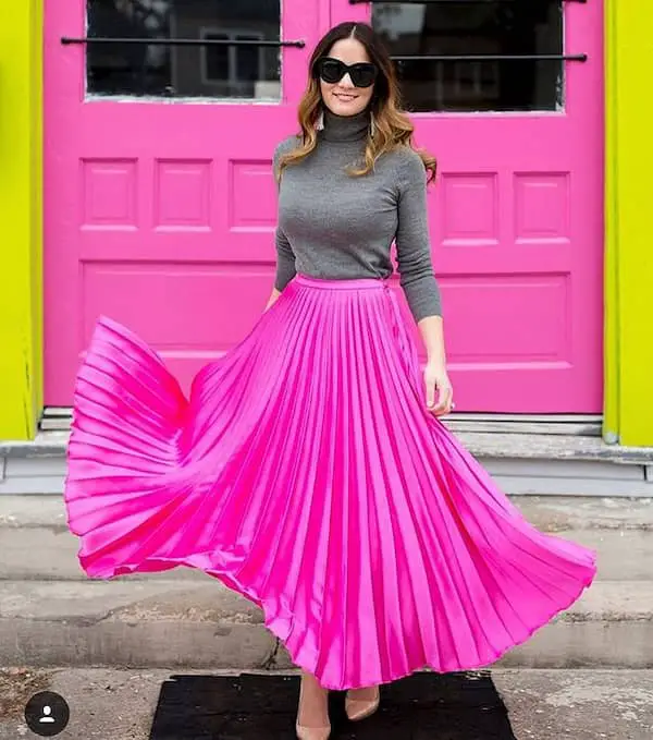 Pink Pleated Maxi Skirt + Ash High Waist Top + Brown Heels + Sunglasses