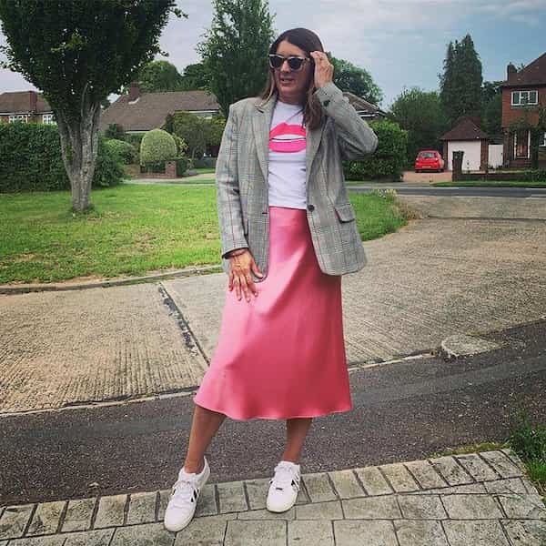 Pink Satin Midi Skirt with White Graphic Top + Line Stripped Blazers  + White Sneakers + Sunglasses