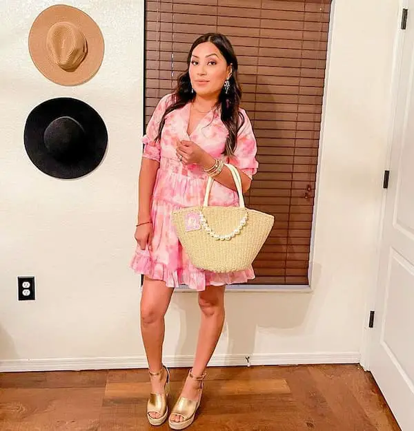 Pink Short Dress with Heels + Handbag