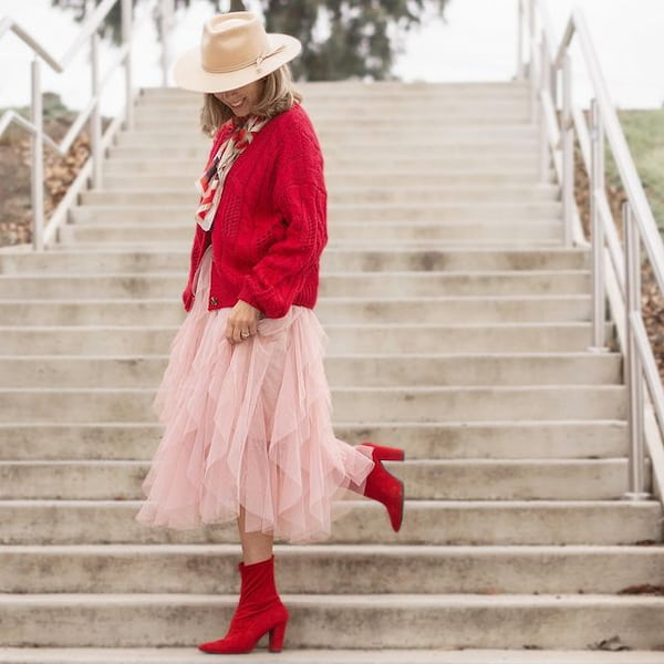 Pink Tiered Skirt with Red Cardigan + Red Boots + Brown Hat