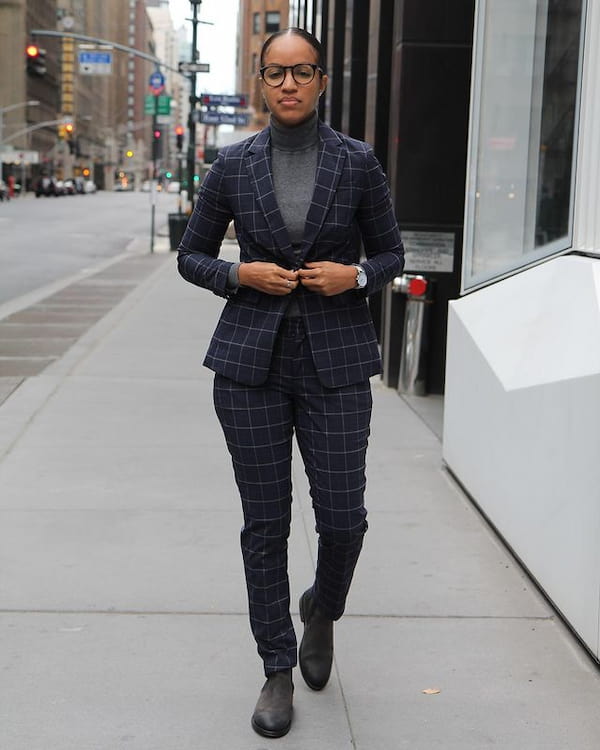 Plaid Suit with Ask Turtle Neck Shirt + Boots + Sunglasses