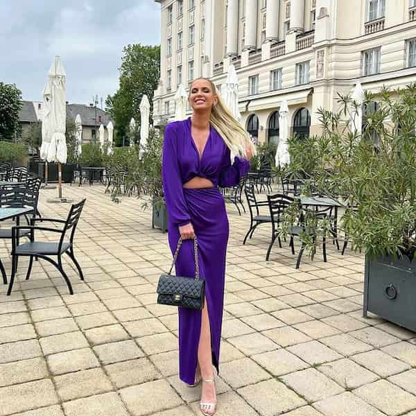 Purple Long Sleeveless Crop Top with Purple High Waist Skirt + Heels + Handbag