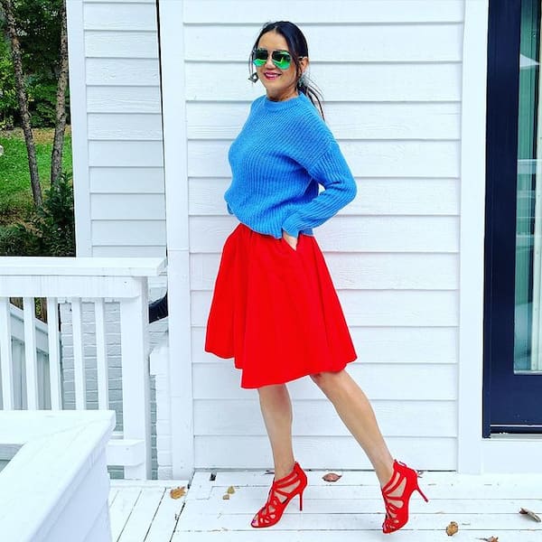 Red Flared Skirt with Blue Sweater + Red Heels + Sunglasses