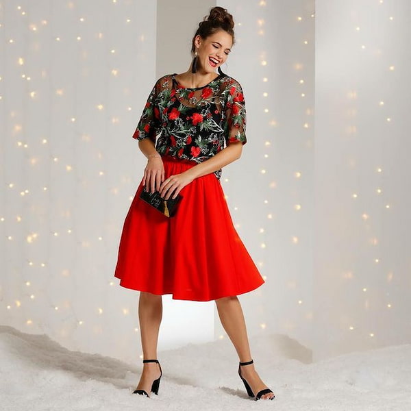 Red Flared Skirt with Embroidered Top with Black Heels + Black Handbag