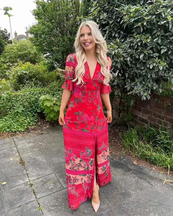 Red Floral Long Dress with Heels