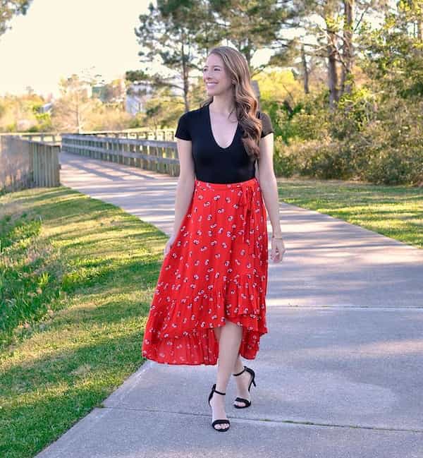 Red Floral Midi Wrap Skirt with Black Blouse + Black Heels