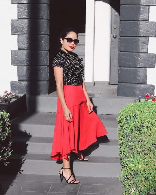 Red High Waist Midi Skirt with Black Dotted Blouse + Black Heels + Sunglasses