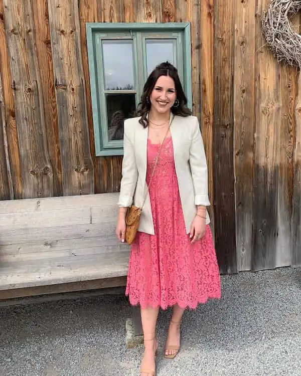 Red Lace Dress with Neutral Colored Blazers + Heels + Cross Shoulder Bag