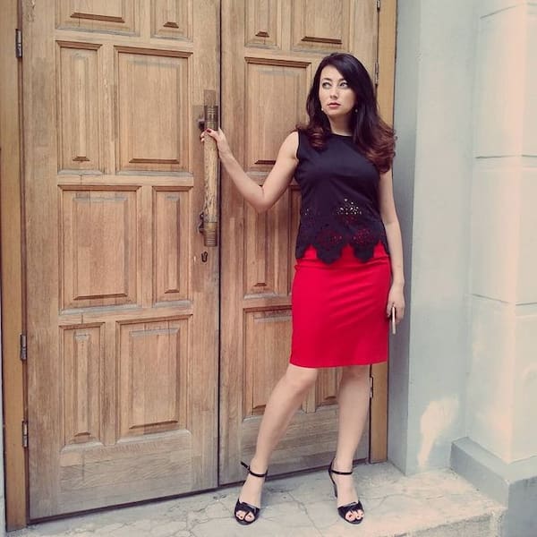 Red Pencil Knee-length Skirt with Black Lace Top + Black Heels