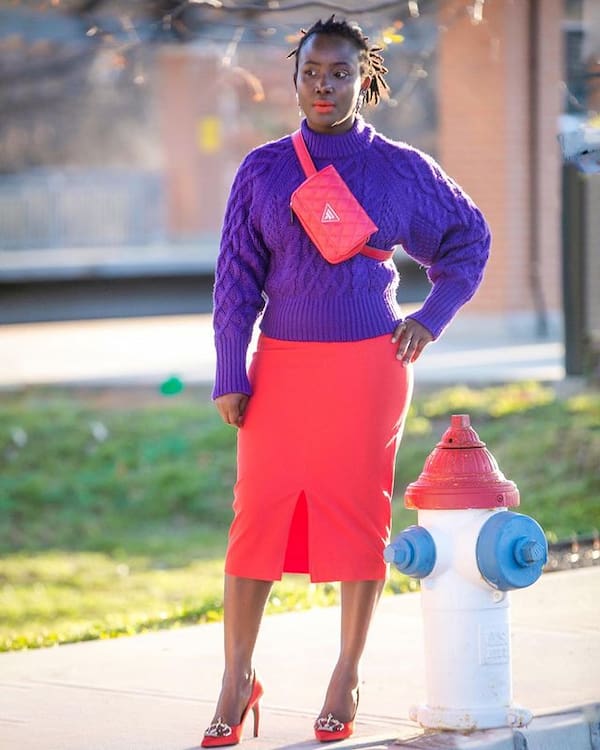Red Pencil Skirt with Purple Sweater + Red Heels + Red Cross Shoulder Bag