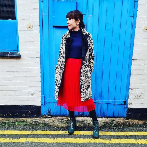 Red Pleated Midi Skirt with Blue Shirt + Leopard Print Trench Coat + Black  Boots