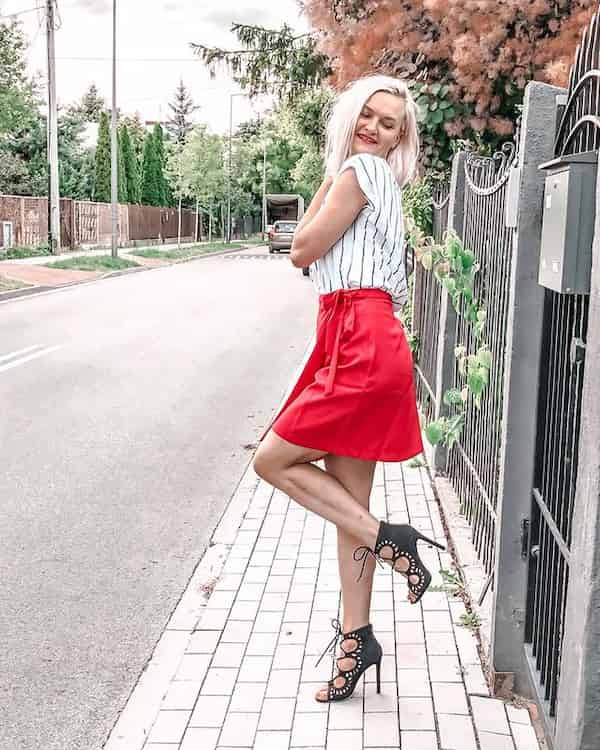 Red Wrap Mini Skirt with Black Lined White Shirt + Black Heels