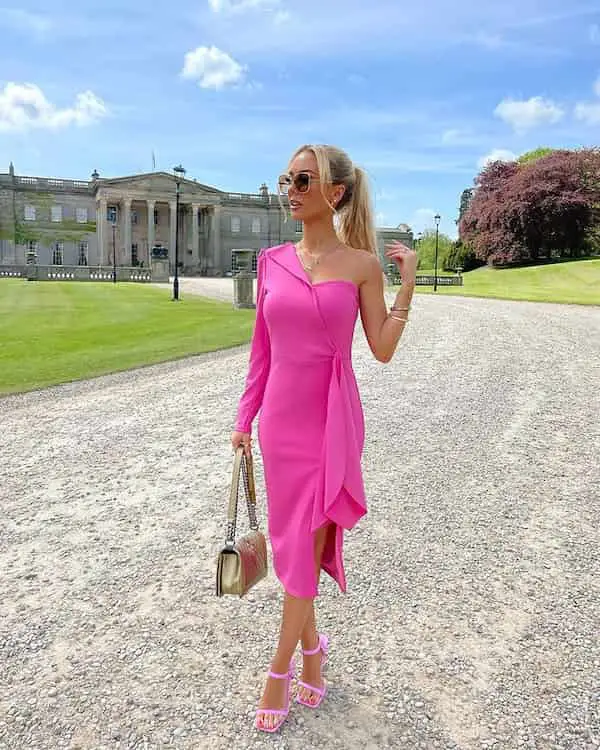 Right Sleeved Pink Dress with Heels + Bag + Sunglasses
