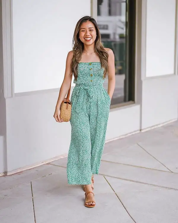 Sleeveless Jumpsuit + Sandals + Handbag  