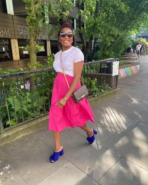 Thick Pink High Waist Skirt with White Floral Top + Blue Heels + Handbag + Sunglasses