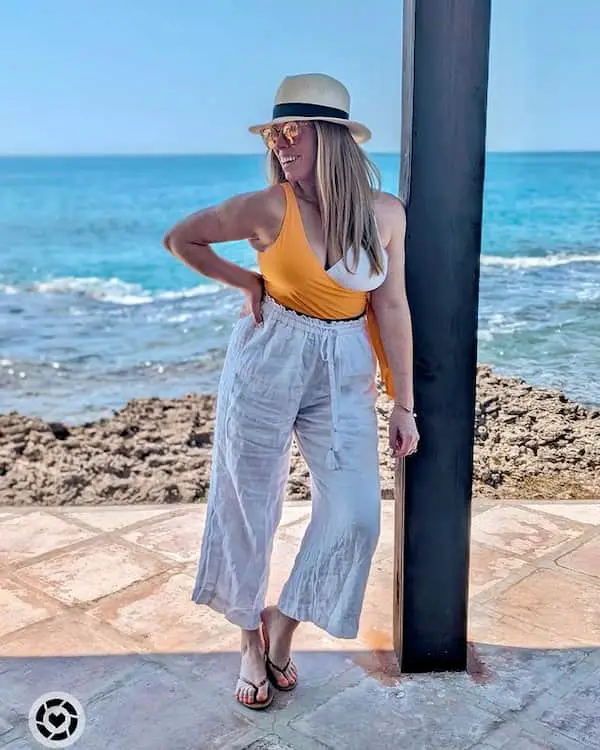 Tri Colored Wrap Swimsuit with Linen Pants + Slippers + Hat + Sunglasses