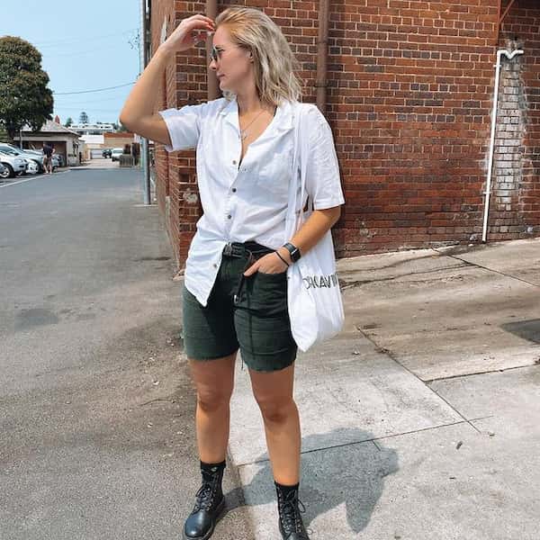 White Button-front Shirt with Navy Blue Shorts + Boots + Grocery Bag + Sunglasses  