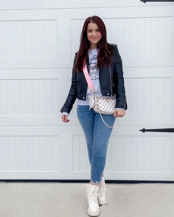 White Combat Boots and Blue Jeans with Ash Graphic Top + Black Jacket + Print Cross Shoulder Bag