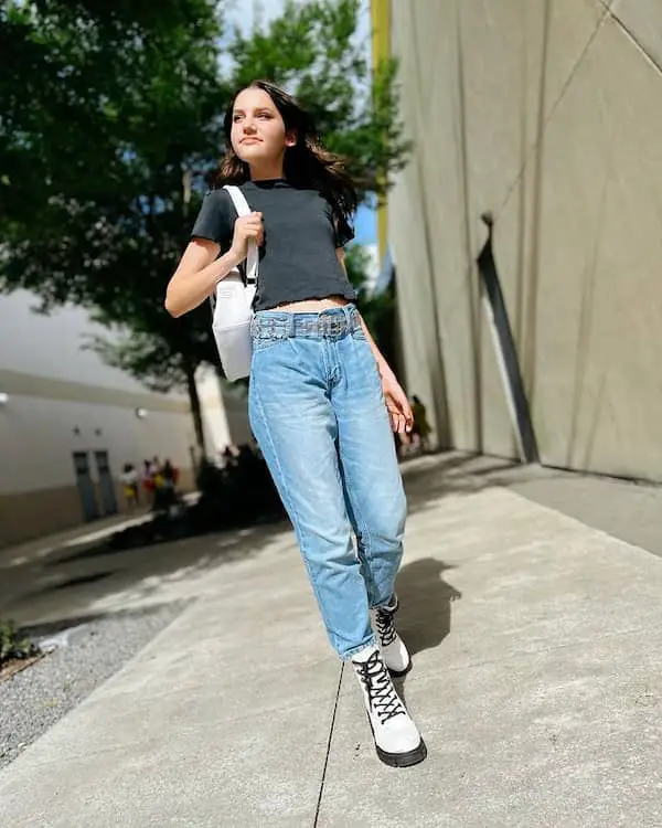 White Combat Boots and Blue Jeans with Black Crop Top + White Handbag