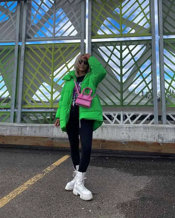 White Combat Boots and Leggings with Black Graphic Top + Lemon Winter Jacket + Pink Handbag