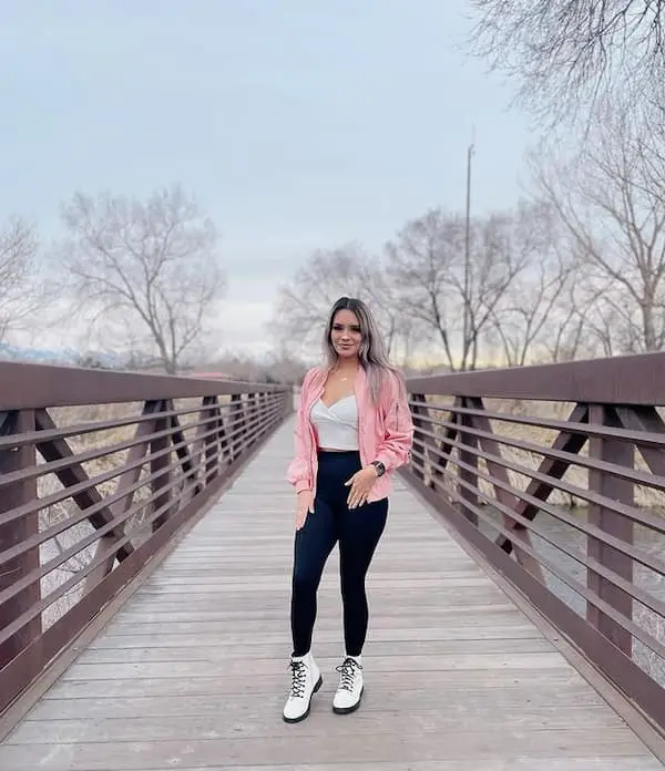 White Combat Boots and Leggings with White Vest + Pink Jacket