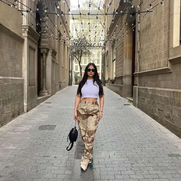 White Crop Top with Cargo Pants + Sneakers + Handbag + Sunglasses