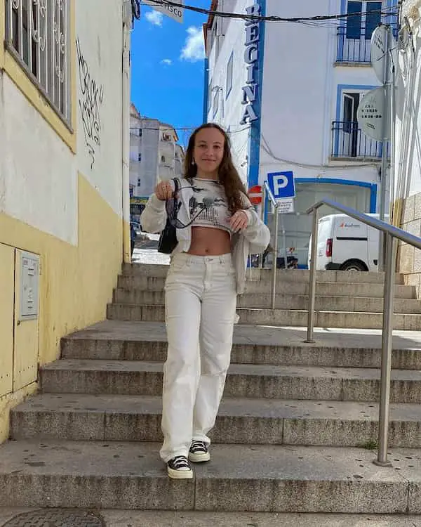 White Crop Top with Jacket + White Pants + Sneakers