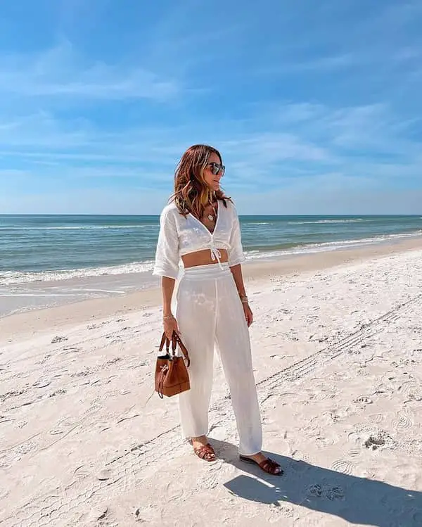 White Crop Top with White High Waist Pant + Slippers + Handbag + Sunglasses