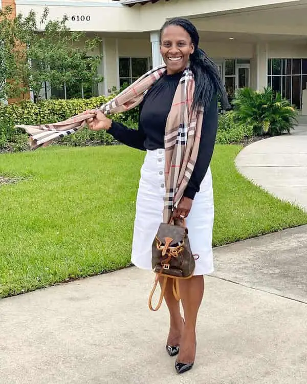 White Denim Skirt with Black Long Sleeve Shirt + Black Heels + Brown Back Pack + Scarf