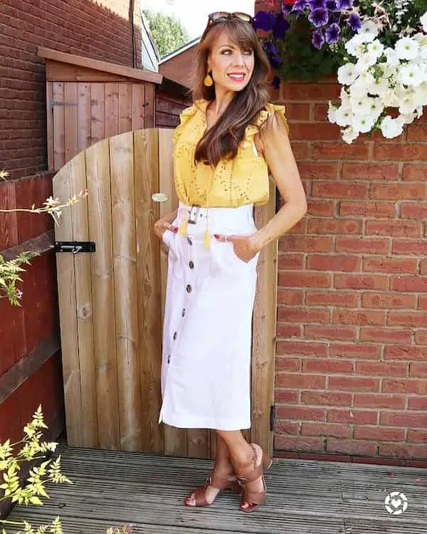 White Double Pocketed Skirt with Yellow Blouse + Brown Heels
