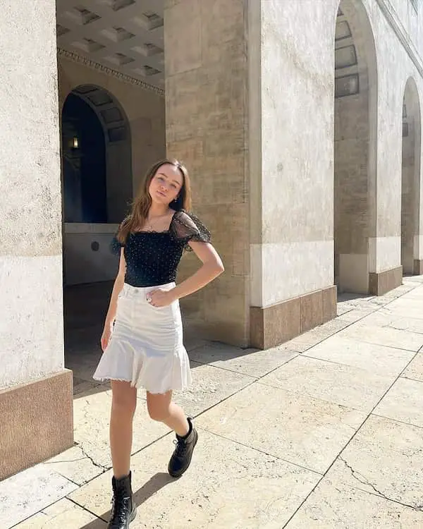 White Flared Denim Skirt with Black Blouse + Black Boots