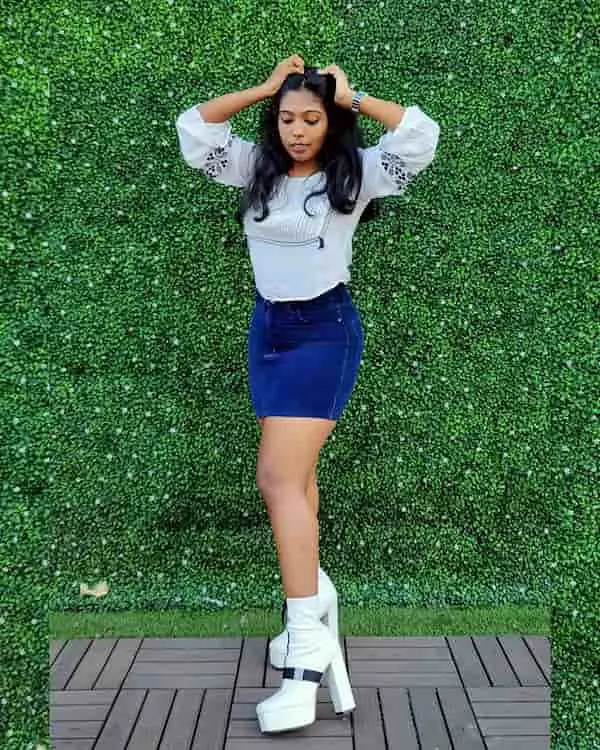 White Heeled Boots and Denim Mini Skirt with White Blouse