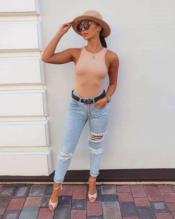 White Heels and Blue Ripped Jeans with Nude Tank Top + Brown Hat