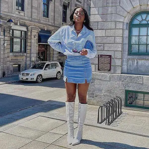 White Knee-High Boots and Denim Mini Skirt with Sky Blue Prints Shirt + Clutch Purse