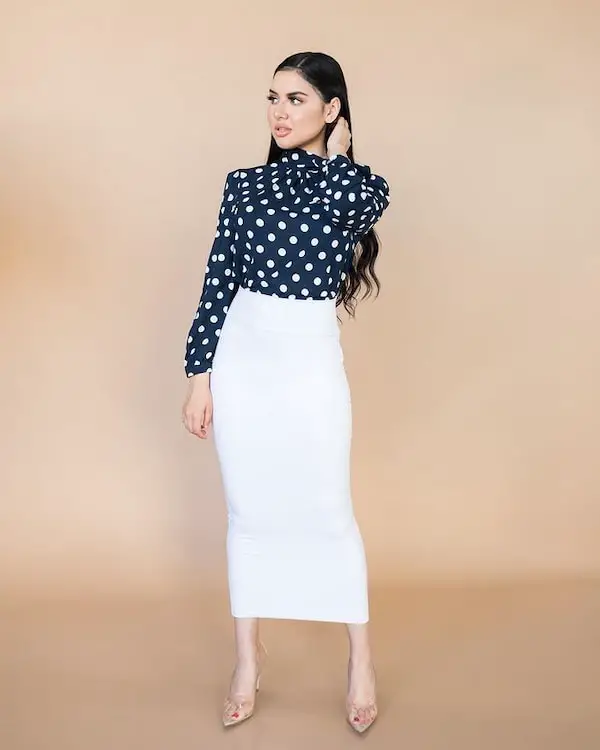 White Long Pencil Skirt with Polka Dot Long Sleeve Shirt + Gold Heels