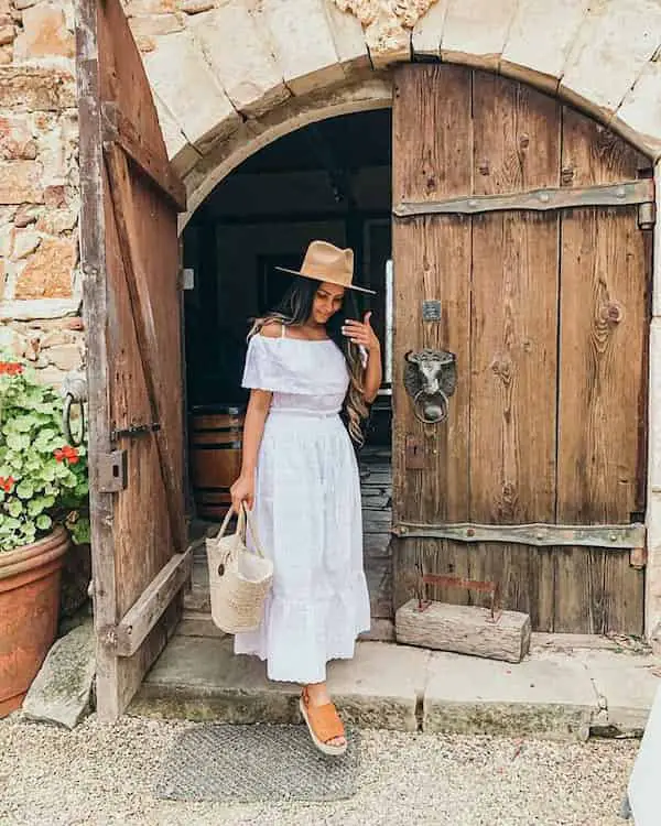 White Long Skirt with White Off Shoulder Top + Brown Sandals + Brown Hat + Basket Bag