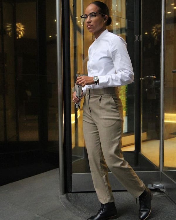 White Long Sleeve Shirt with Tan Pants + Boots + Sunglasses