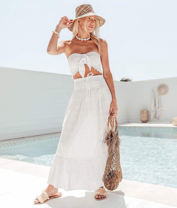White Maxi Skirt + White Crop Vest + Brown Prints Hat + Brown Slippers + Basket Handbag
