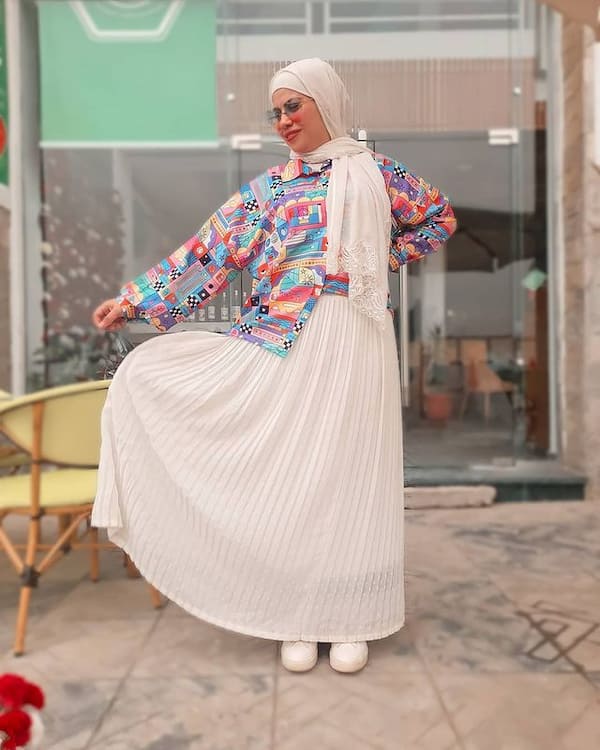 White Maxi Skirt with Multi-Colored Long Sleeve Shirt + White Scarf + White Sneakers + Sunglasses