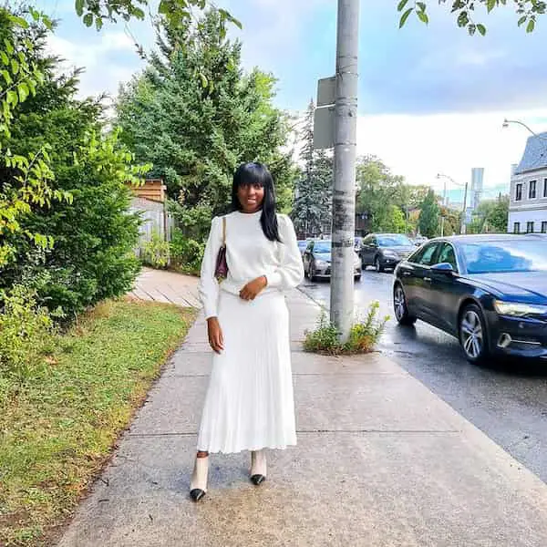 White Maxi Skirt with White Long Sleeve Shirt + Double Colored Heels + Handbag