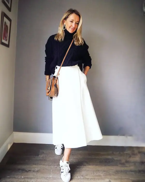 White Midi Winter Skirt with Black Jumper + White Sneakers +  Brown Cross Shoulder Bag